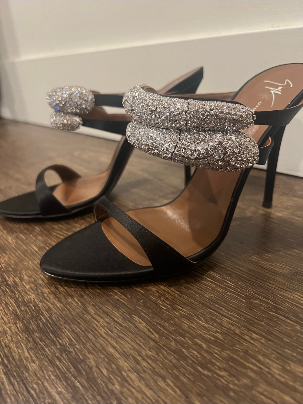 Giuseppe Zanotti Black Satin Heels with Crystal-Embellished Straps